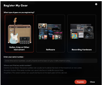 MyFenderの「Register My Gear」ダイアログ。機種の種別を選び、シリアルナンバーを入力する